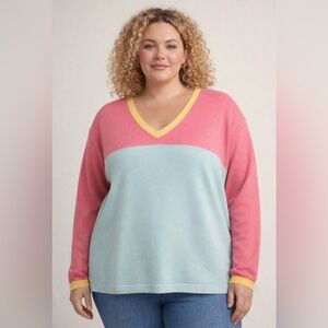 Lands’ End Cashmere 100% Sweater Pink Blue Yellow Spring V-Neck Soft Luxury 1X